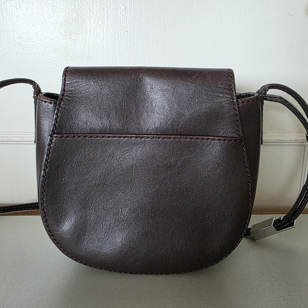 Minimal Dark Brown Leather Crossbody Saddle Bag - Pockets, Adjustable - Picture 5 of 14